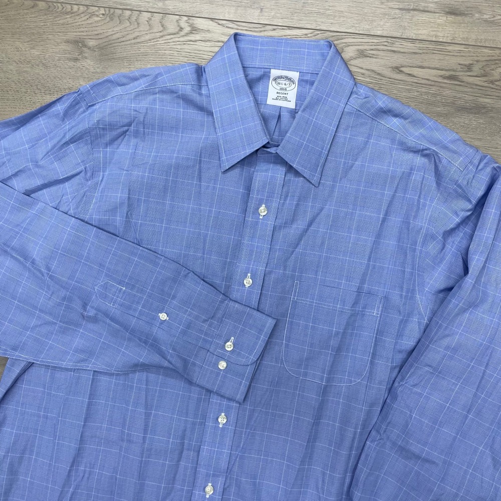 Brooks Brothers Button Down Shirt Mens 16.5 34/35 Blue Plaid Regent Non-Iron